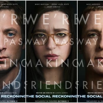 Three-part movie poster for The Social Reckoning featuring close-up portraits of Mikey Madison, Jeremy Allen White, and Jeremy Strong with the words “We’re Making Friends” across their faces.