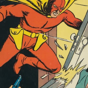 Vintage comic book cover art from Wow Comics #1 shows a red-suited hero bursting through a door as startled onlookers react. The cover includes a 10-cent Fawcett publication price mark.