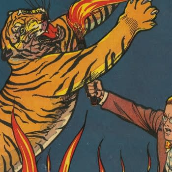 Vintage comic-book cover art from Young King Cole shows a man in glasses confronting a leaping tiger against a dark blue background.