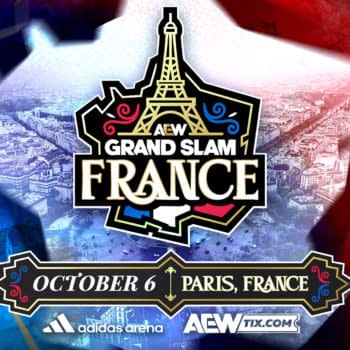 AEW Grand Slam France promotional poster with the Eiffel Tower over a French tricolor background and Paris skyline. It announces the event for October 6 in Paris, France.