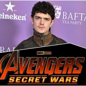 Noah Jupe at a BAFTA Tea Party event, overlaid with the Marvel Studios Avengers: Secret Wars logo.