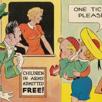 Funny Pages V2#7 (Centaur, 1938) Bob Wood cover crop showing a child carrying another child to claim free theater admission.