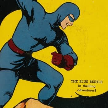 Mystery Men Comics #21 (Fox, 1941) cover crop showing the Blue Beetle leaping through an explosion.