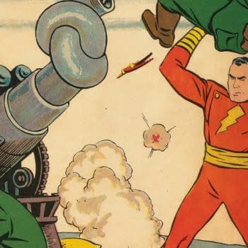 Whiz Comics #3 (#2) (Fawcett, 1940) C. C. Beck cover crop showing Captain Marvel hurling soldiers beside an artillery piece.
