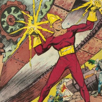 Speed Comics #1 (Brookwood, 1939) featured image, tentatively credited to Bob Powell. Shock Gibson tears through machinery as soldiers attack