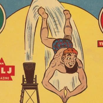 Pep Comics #50 (MLJ, 1944) featured image from the Harry Sahle cover. Archie performs a high dive beneath portraits of the Shield and Black Hood