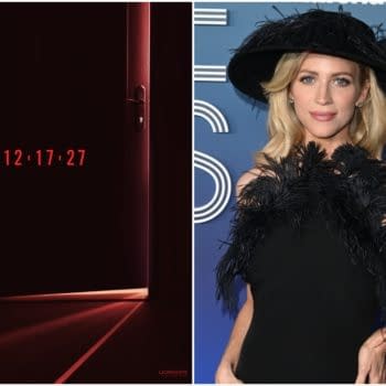 Promotional poster for The Housemaid's Secret beside a red-carpet photo of Brittany Snow in a black feathered dress and wide-brim hat.