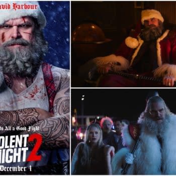 Promotional collage for Violent Night 2 showing Santa Claus in bloody, battle-worn form in a snowy poster, seated in a dark room, and walking at night with a staff.