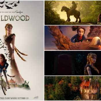 Collage of scenes from the animated film Wildwood, featuring a girl on a bicycle, giant birds, a forest rider, and a secluded house in the woods.