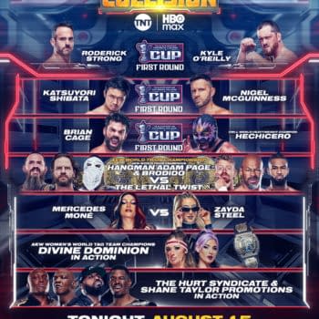 AEW Collision card graphic for August 15 featuring the advertised lineup, including three Continental Challenge Cup first round matches, the AEW World Trios Championship match, Mercedes Moné vs. Zayda Steel, Divine Dominion in action, and The Hurt Syndicate & Shane Taylor Promotions in action.