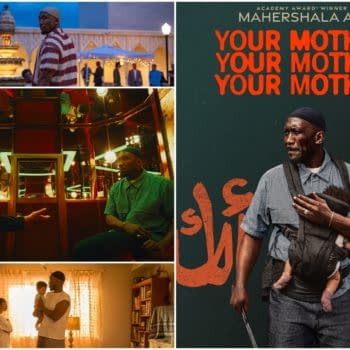 Collage-style poster for the film Your Mother Your Mother Your Mother, featuring Mahershala Ali and several tense scenes, including a man holding a baby in a sling and a dramatic encounter indoors.