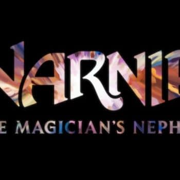 Stylized title card for Narnia: The Magician’s Nephew with the word “NARNIA” in large multicolored letters on a black background.