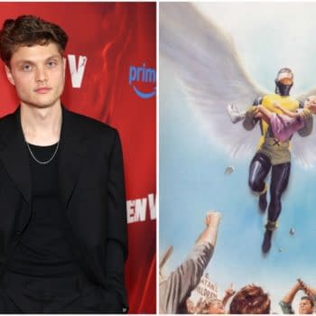Asa Germann poses in a black suit beside a classic X-Men comic-style illustration with a winged hero carrying a child above a crowd.