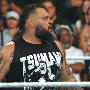 A WWE wrestler with a beard and long wet hair stands in the ring wearing a black “TSUNAMI” shirt, with the crowd blurred behind him.