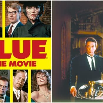 Clue movie collage featuring the cast and a butler holding a tray of murder weapons.