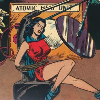 Vintage comic-book illustration of Doll Girl tied to a chair in an atomic-age machine, with oversized hands looming behind her.