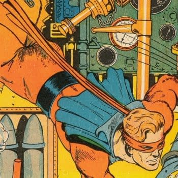Jumbo Comics #14 (Fiction House, 1940) featured cover detail. Lightning dives headfirst past machinery and gunfire, wearing an orange suit, red mask and blue cape.