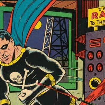 The Black Terror #15 (Nedor Publications, 1946) featured cover detail by Alex Schomburg. Black Terror fights beside instruments and a sign reading U.S. Army Radar to the Moon.