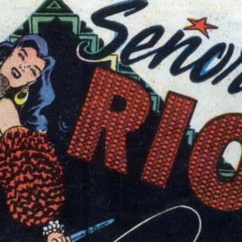 Fight Comics #50 (Fiction House, 1947) featured interior detail by Lily Renée. Senorita Rio in a red costume beside the Senorita Rio lettering.