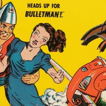 Nickel Comics #3 (Fawcett, 1940) featured cover detail by Jack Binder. Bulletman carries a woman beside a broken railway bridge as a red train falls toward the water.