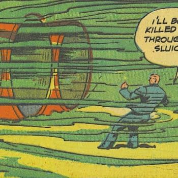 Whirlwind Comics #3 (Nita, 1940) featured interior detail. Smash Dawson struggles underwater beside the dam sluices, warning that the current will carry him through them.