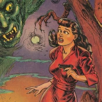 Ghost Comics #1 (Fiction House, 1951) cover detail by Maurice Whitman. A woman in a red dress holds a pistol beside a looming green apparition and a smaller spectral face.