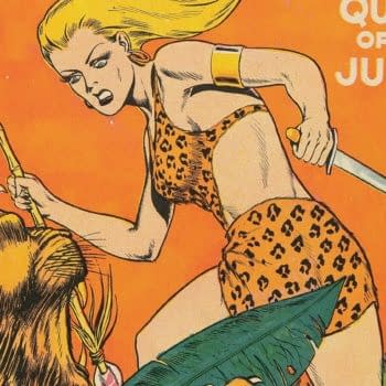 Sheena, Queen of the Jungle #1 (Fiction House, 1942) cover detail by Dan Zolnerowich. Sheena confronts a lion with a spear and knife beside lettering promising all-new material.