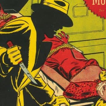 Manhunt #6 (Magazine Enterprises, 1948) featured cover detail by Ogden Whitney. A knife-wielding man looms over a bound woman in an open morgue drawer.