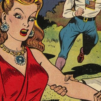Vintage comic book cover art from Fighting Yank #23 showing a startled red-haired woman in a red dress as figures rush around her. The scene suggests a chaotic action moment from the classic superhero comic.