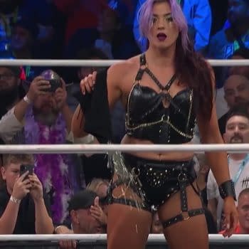 Lena Kross dumps thumbtacks in the ring during a Chicago Street Fight pitting the Brawling Birds against Divine Dominion at AEW All Out