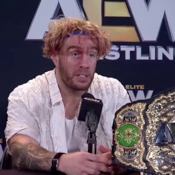 Will Ospreay speaks during the All Out post-show media scrum