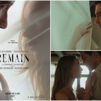 Promotional poster for the film Remain, featuring close-up romantic scenes of a man and woman and the tagline “Trust the Unknown.”