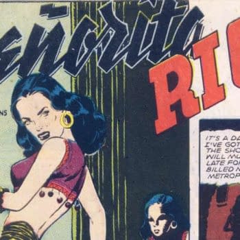 Vintage comic cover art featuring Señorita Rio, a dark-haired woman in a red outfit, with the title “Señorita Rio” at the top. The scene has a dramatic pulp-style look.