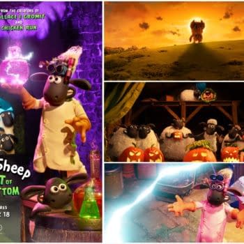 Cartoon poster for Shaun the Sheep: The Beast of Mossy Bottom, showing Shaun in a lab coat with glowing potion bottles, the flock, and spooky Halloween-themed scenes.
