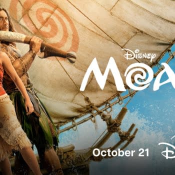 Live-action Disney’s Moana poster showing Moana and Maui on a sailboat with Pua and Heihei, with the Disney+ logo and October 21 release date.