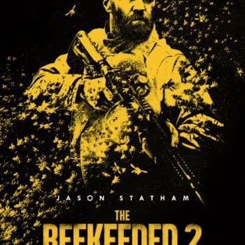 Movie poster for The Beekeeper 2 showing Jason Statham surrounded by swarming bees against a black and yellow background.