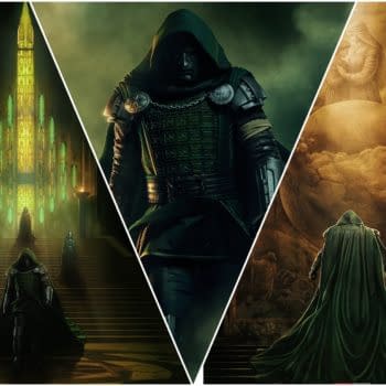 Promotional poster for Avengers: Doomsday showing Doctor Doom in a hooded green cloak, framed by ominous cathedral and mural-like scenes.