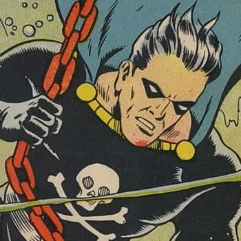 Exciting Comics #28 (Nedor, 1943) featured cover detail by Alex Schomburg. Black Terror grips a heavy chain underwater, wearing his black skull-and-crossbones costume.