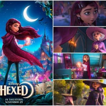 Promotional collage for Disney’s Hexed featuring a young magenta-haired girl wielding magic, with several character scenes and a moonlit fantasy village.