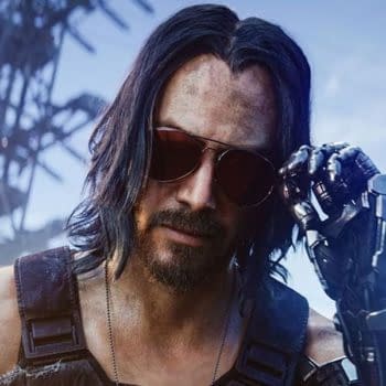 Keanu Reeves as Johnny Silverhand in Cyberpunk 2077, wearing sunglasses and a cybernetic arm against a futuristic industrial backdrop.