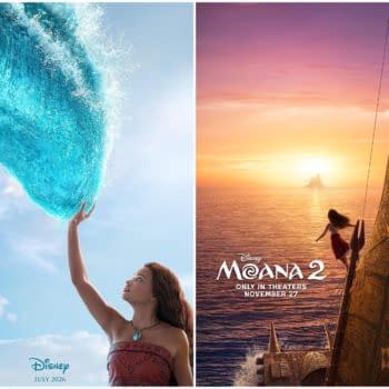 Side-by-side Disney posters for Moana and Moana 2, showing Moana at sea with a dramatic wave on one and her sailing into a sunset on the other.