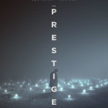Dark, misty poster for The Prestige with a silhouetted man standing among glowing lights and the title stacked vertically down the center. Text notes a 20th anniversary return to theaters in 70mm film and IMAX.