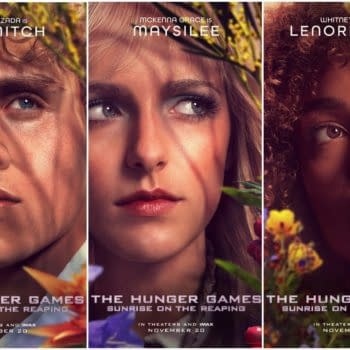 Character poster for The Hunger Games: Sunrise on the Reaping featuring close-up portraits of Haymitch, Maysilee, and Lenore Dove among flowers.