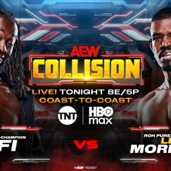 Match graphic for AEW Collision Preview: October 3, 2026 showing AEW World Trios Champion Kofi vs. ROH Pure Champion Lee Moriarty, with TNT and HBO Max logos and live coast-to-coast timing for tonight.