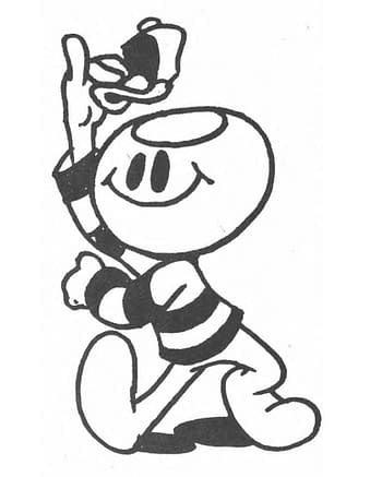 Ohio State mascot Brutus Buckeye by Jeff Smith: A cartoon character with a round head and a smiling face, wearing a striped shirt and holding up a small object with one hand. The character has a cheerful expression and is in a playful pose.