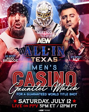 A promotional graphic for the AEW All In: Texas event, featuring wrestlers Mark Briscoe and MJF alongside the masked wrestler Mistico. The graphic highlights the upcoming Men's Casino Gauntlet Match for a guaranteed world title shot, with details on the event date and viewing information.