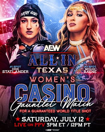 A promotional graphic featuring wrestlers Kris Statlander and Megan Bayne for the AEW All In Texas event. The graphic highlights a Women's Casino Gauntlet Match for a guaranteed world title shot.