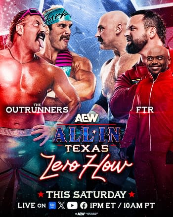 A colorful wrestling graphic featuring two teams: The Outrunners and FTR. The design includes the event name, 'AEW All In Texas Zero Hour,' and details about the live broadcast this Saturday.