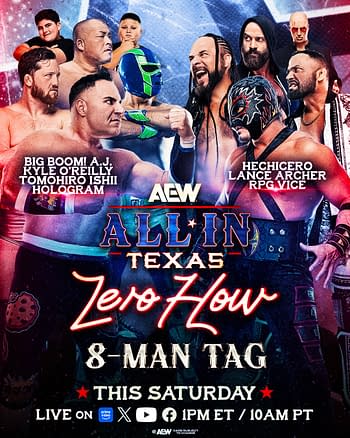 A colorful graphic promoting an 8-man tag match for AEW All In Texas, featuring various wrestlers with distinct outfits and facial expressions. The logo emphasizes 'Zero Hour' and details the event's time and streaming platforms.