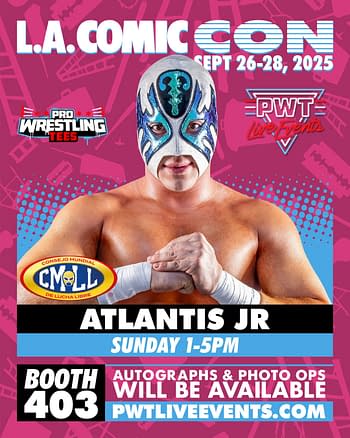 A promotional image for Atlantis Jr. at L.A. Comic Con features the luchador in a silver and blue masked costume with a muscular pose. The background is colorful, showcasing event details and booth information.